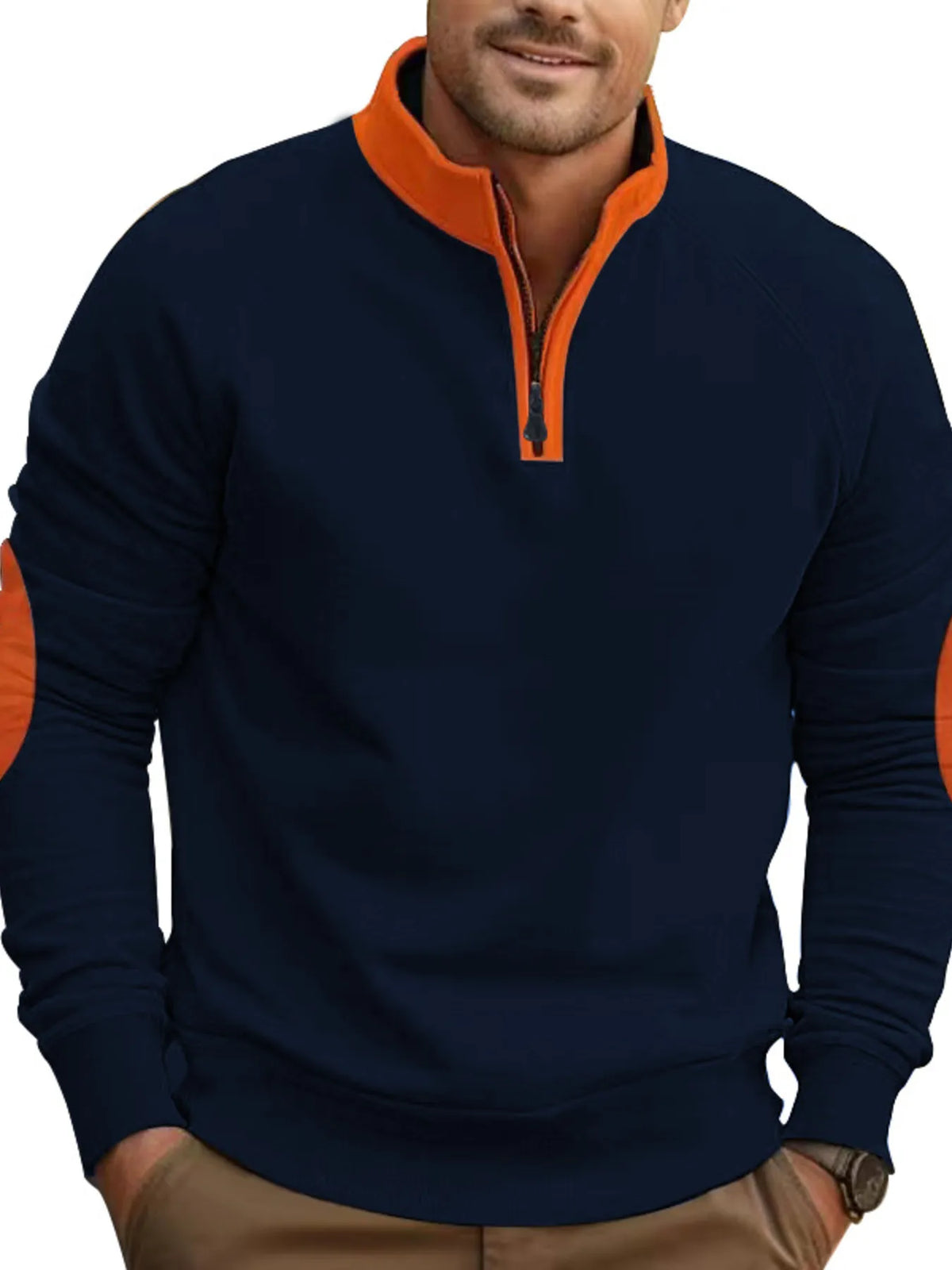 Men's full size quarter-zip sweatshirt with contrast trim, plus size, made by Trendsi, featuring a comfortable fit and stylish design