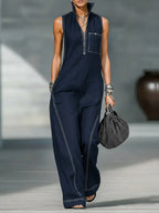 Women's summer sleeveless jumpsuit with stand-up collar and pockets, casual fashion by Plush Fashion Hub.