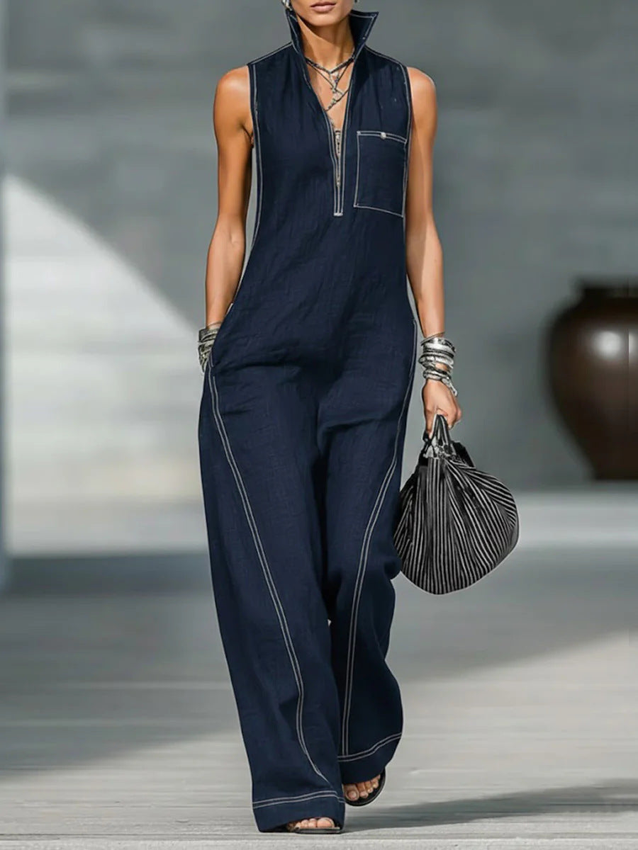 Women's summer sleeveless jumpsuit with stand-up collar and pockets, casual fashion by Plush Fashion Hub.