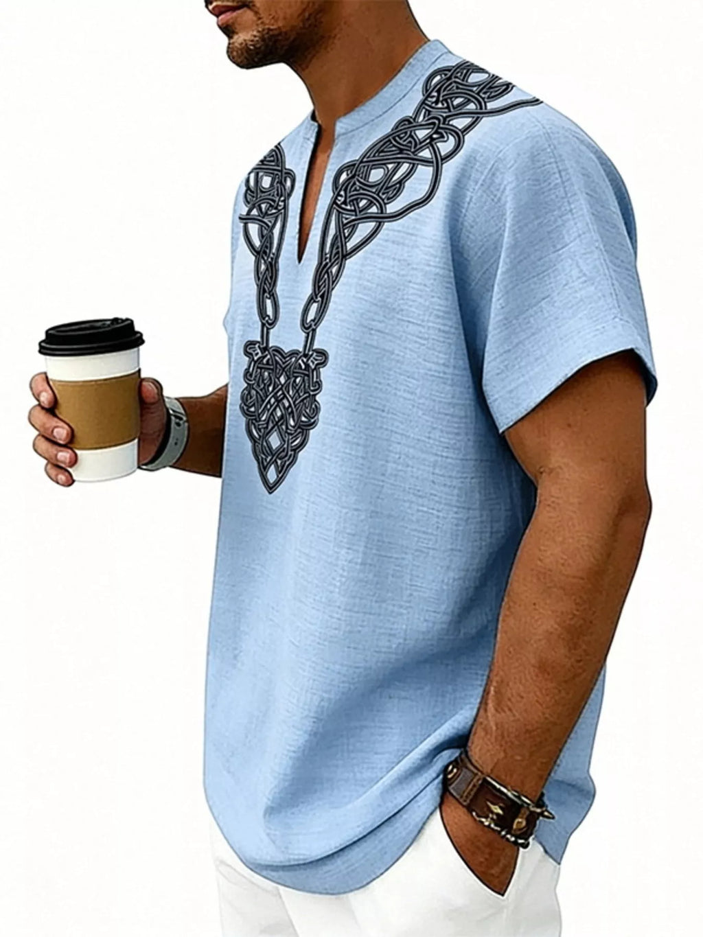Men's plus size printed short sleeve notched blouse, trendy men's fashion top by Trendsi, shown in a full-size fit.