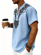 Men's plus size printed short sleeve notched blouse, trendy men's fashion top by Trendsi, shown in a full-size fit.