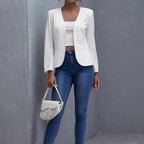 White Open-Front Cropped Blazer – Women's Plus Size Collarless Long Sleeve Jacket