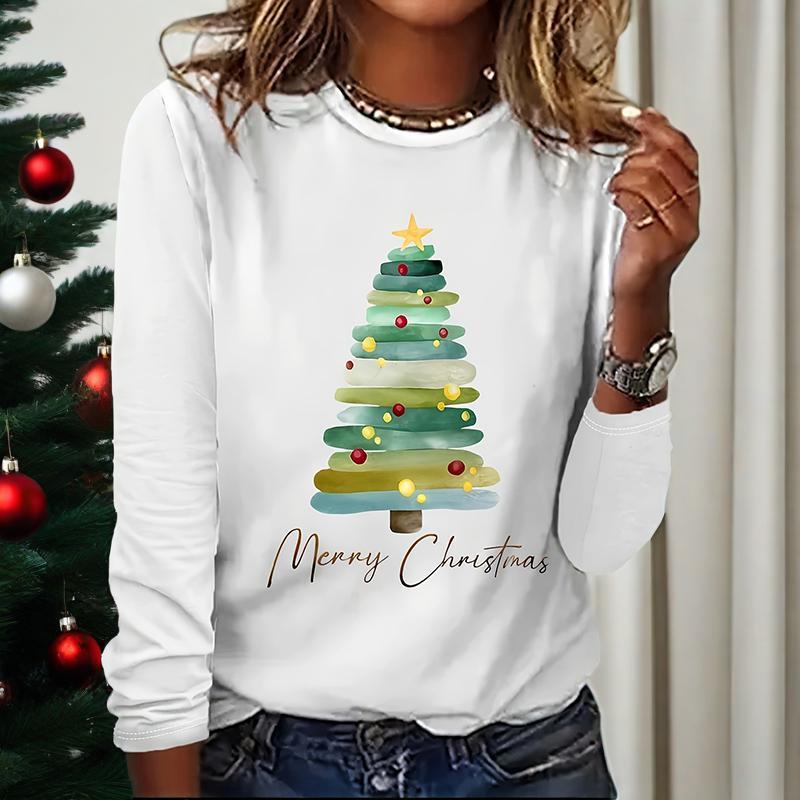 Women’s long sleeve Christmas T-shirt by FitiqueFit featuring a cute Christmas tree graphic, perfect for holiday casualwear.