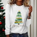 Women’s long sleeve Christmas T-shirt by FitiqueFit featuring a cute Christmas tree graphic, perfect for holiday casualwear.