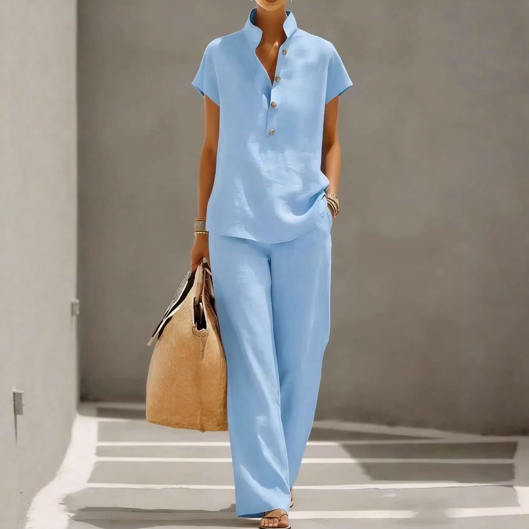 Plush Fashion Hub three-piece set with solid cardigan, short sleeve top, and pants for casual lounge wear, in neutral colors.