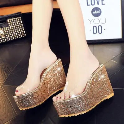 Women high heel platform wedge sandals in brown leather with ankle straps, stylish and comfortable for summer outings.