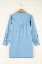 VYSN denim dress with button-up front, notched long sleeves, and fitted silhouette, perfect for casual fashion.