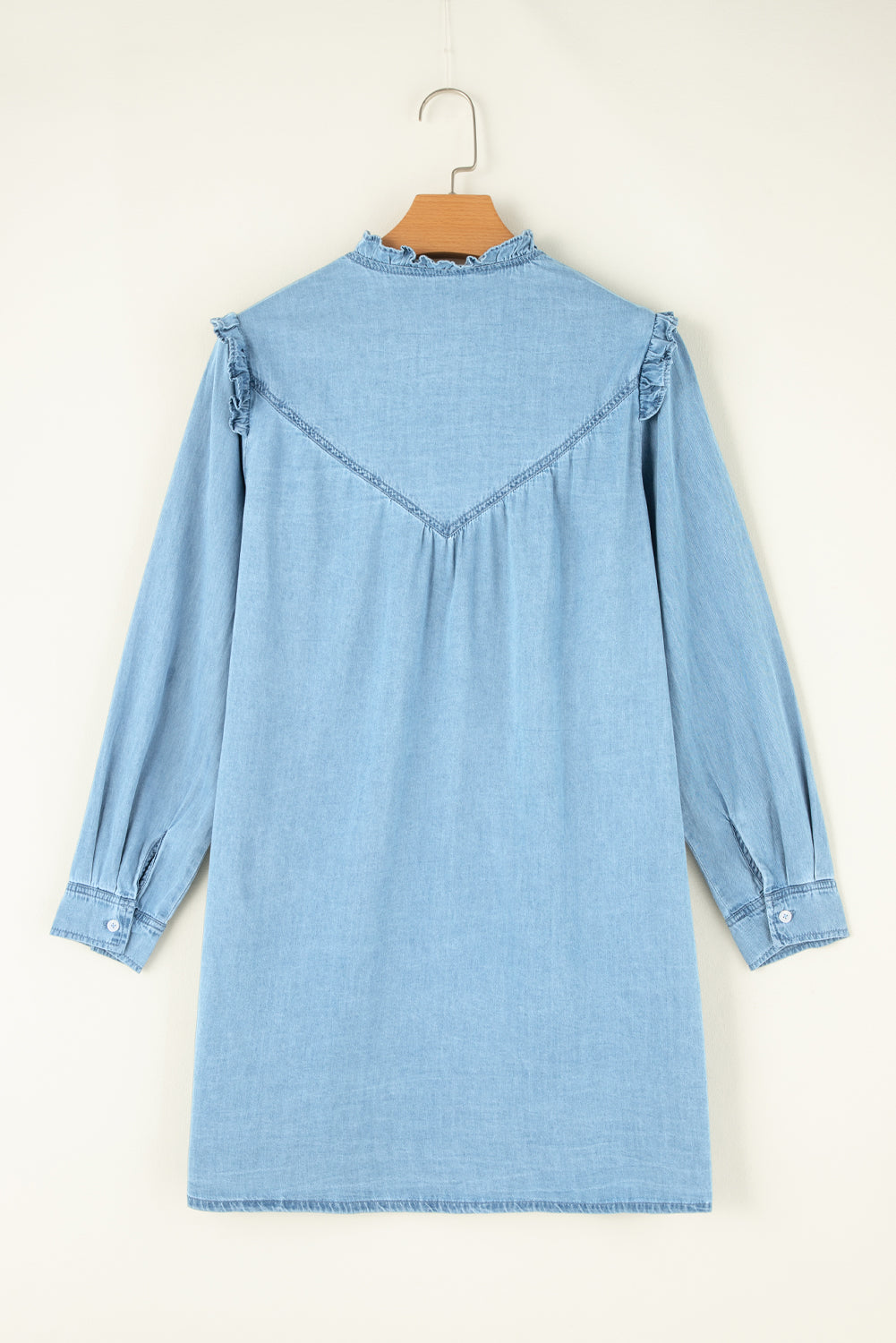 VYSN denim dress with button-up front, notched long sleeves, and fitted silhouette, perfect for casual fashion.