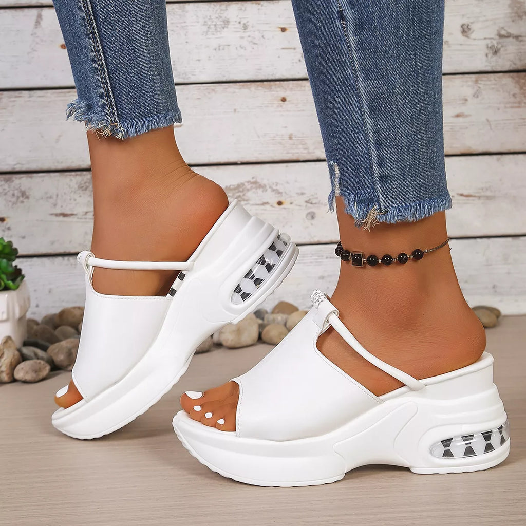 Open toe platform sandals by Plush Fashion Hub featuring chunky heels and stylish open toe design.