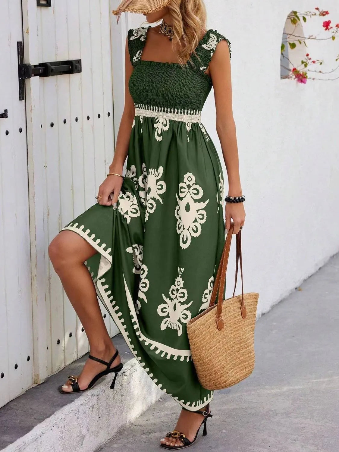 Plush Fashion Hub smocked printed wide strap maxi dress with flowing fabric and floral pattern, perfect for summer wear.