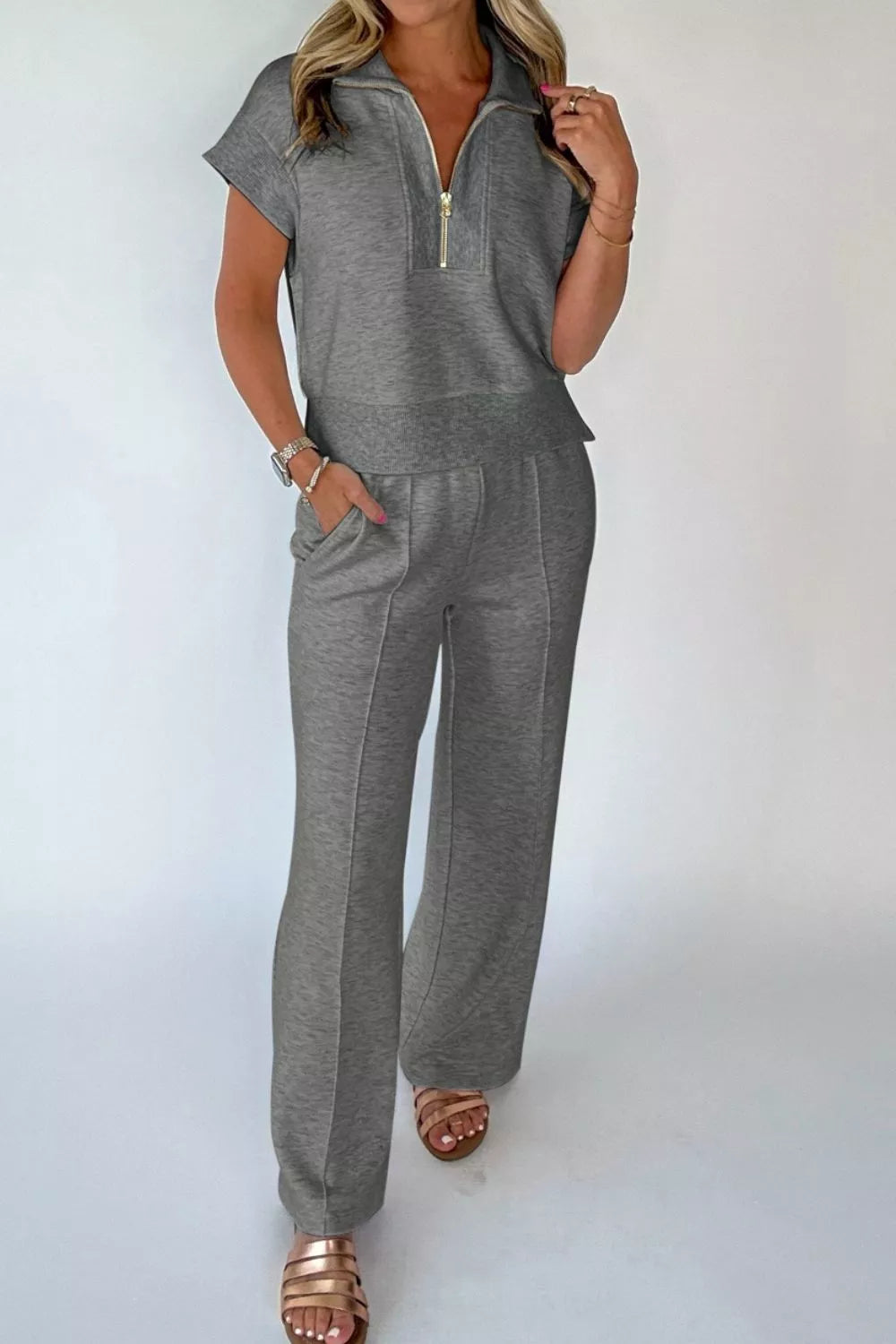 Plush Fashion Hub half zip polo tee and casual pant set, featuring a comfortable fit with stylish design and soft fabric.