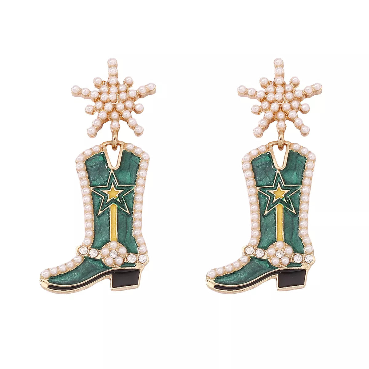 Cowgirl boot dangle earrings from Shopimist featuring Western-style boot charms hanging from hooks.