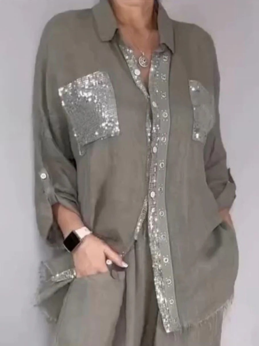 Women's sequin pocket button-up shirt and wide-leg pants set by Plush Fashion Hub, stylish and coordinated outfit for casual or dressy occasions.