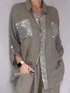 Women's sequin pocket button-up shirt and wide-leg pants set by Plush Fashion Hub, stylish and coordinated outfit for casual or dressy occasions.