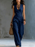 Women's V-neck crossover tank top and casual trousers two-piece set by Plush Fashion Hub, featuring a stylish and comfortable casualwear look.