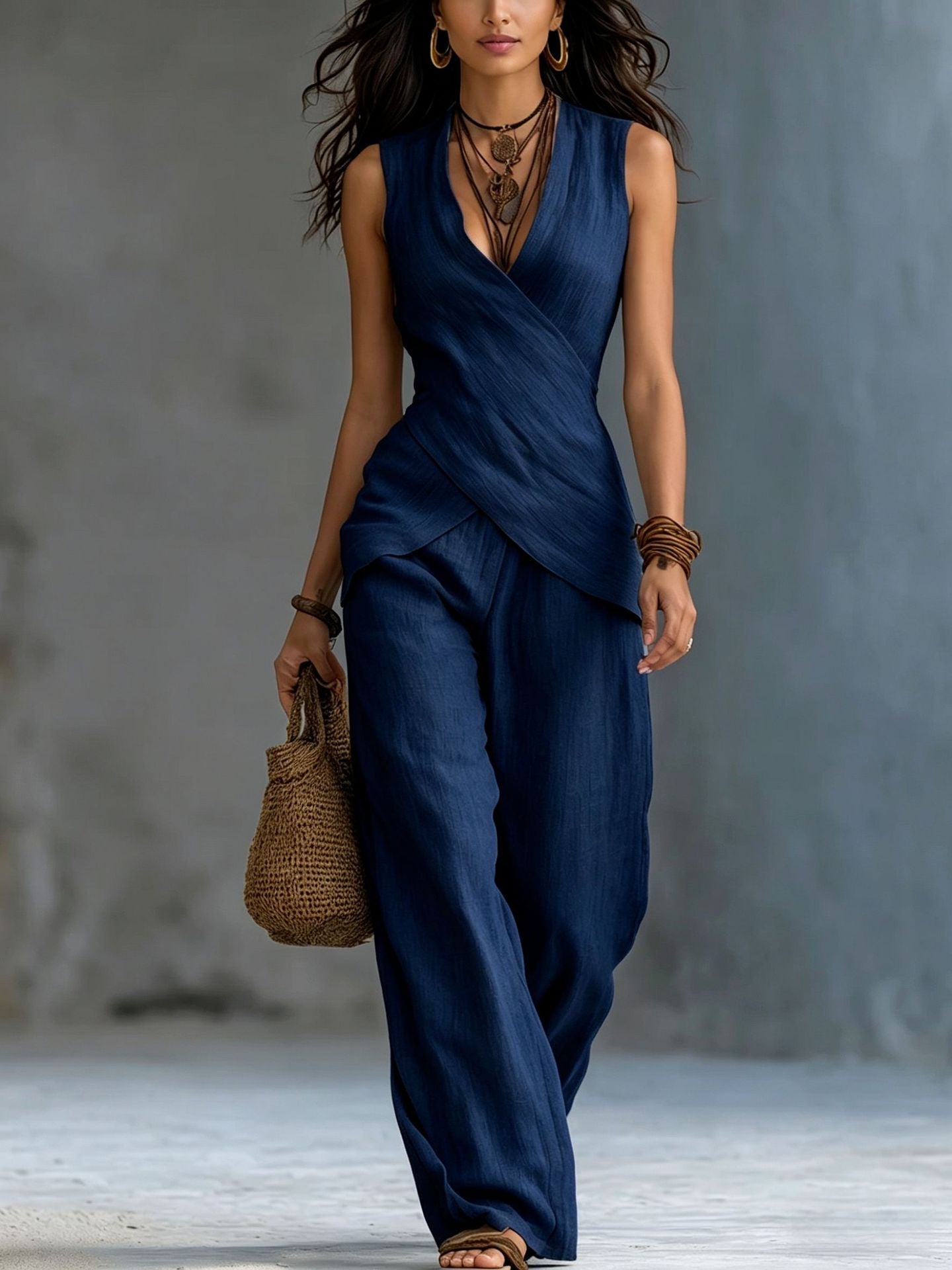 Women's V-neck crossover tank top and casual trousers two-piece set by Plush Fashion Hub, featuring a stylish and comfortable casualwear look.