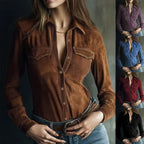 Deerskin velvet long sleeve patchwork blouse by FitiqueFit featuring retro style and mixed fabric design.