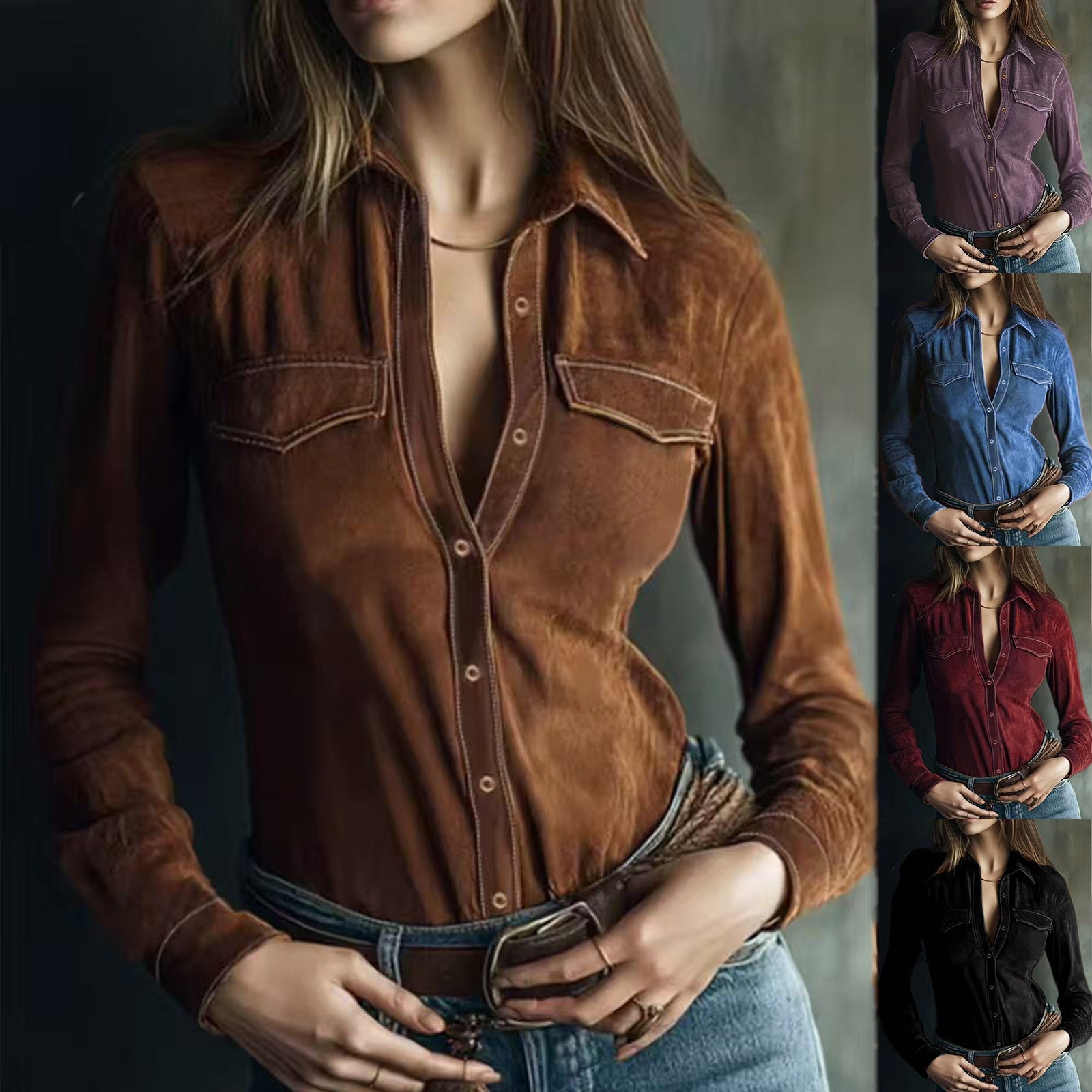 Deerskin velvet long sleeve patchwork blouse by FitiqueFit featuring retro style and mixed fabric design.
