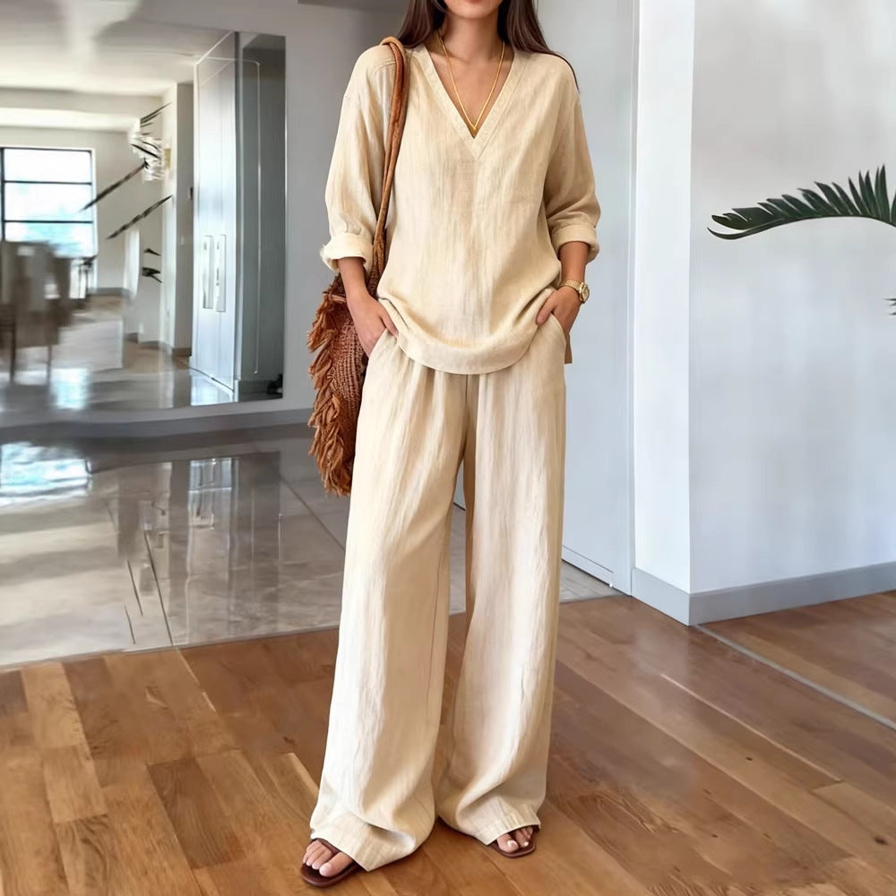 FitiqueFit long sleeve top and full-length pants two-piece set in various colors, shown in a comfortable, casual fit.