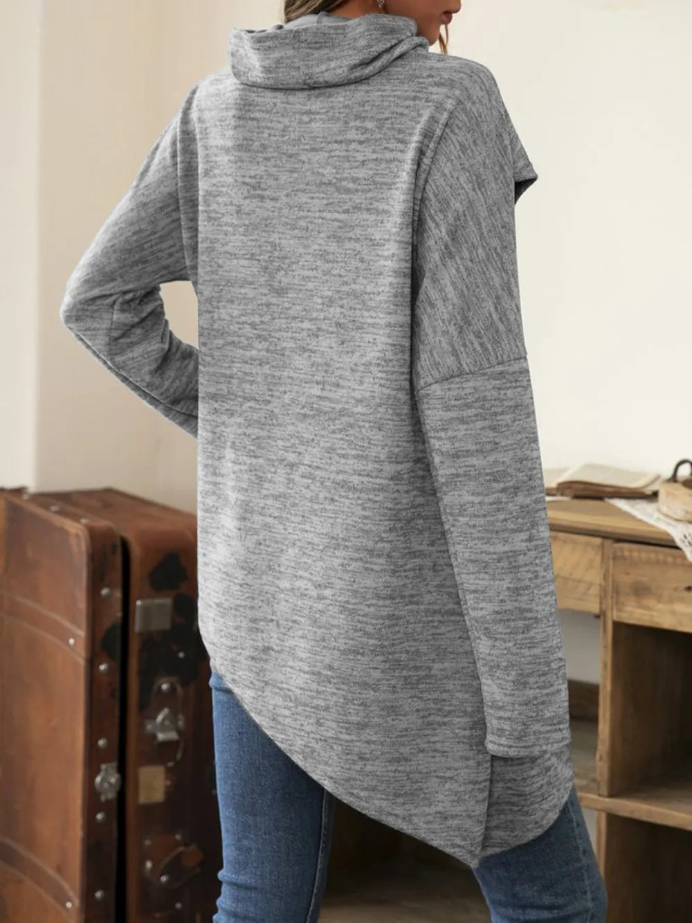 Asymmetrical hem cowl neck long sleeve T-shirt by Trendsi, stylish tops with a unique draped cowl neckline and modern asymmetrical hem.