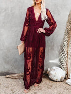 Floral lace high-slit maxi dress by Trendsi featuring elegant design, fitted bodice, and flowing skirt for formal evening occasions.