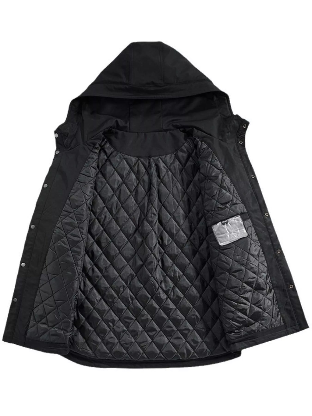 Men's plus size snap-down long sleeve hooded jacket by Shopimist, featuring a front zipper and casual outdoor style.