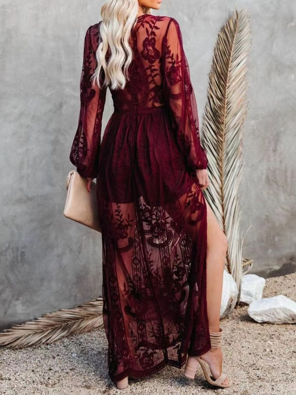 Floral lace high-slit maxi dress by Trendsi, elegant evening formal gown with intricate lace details and flowing silhouette.