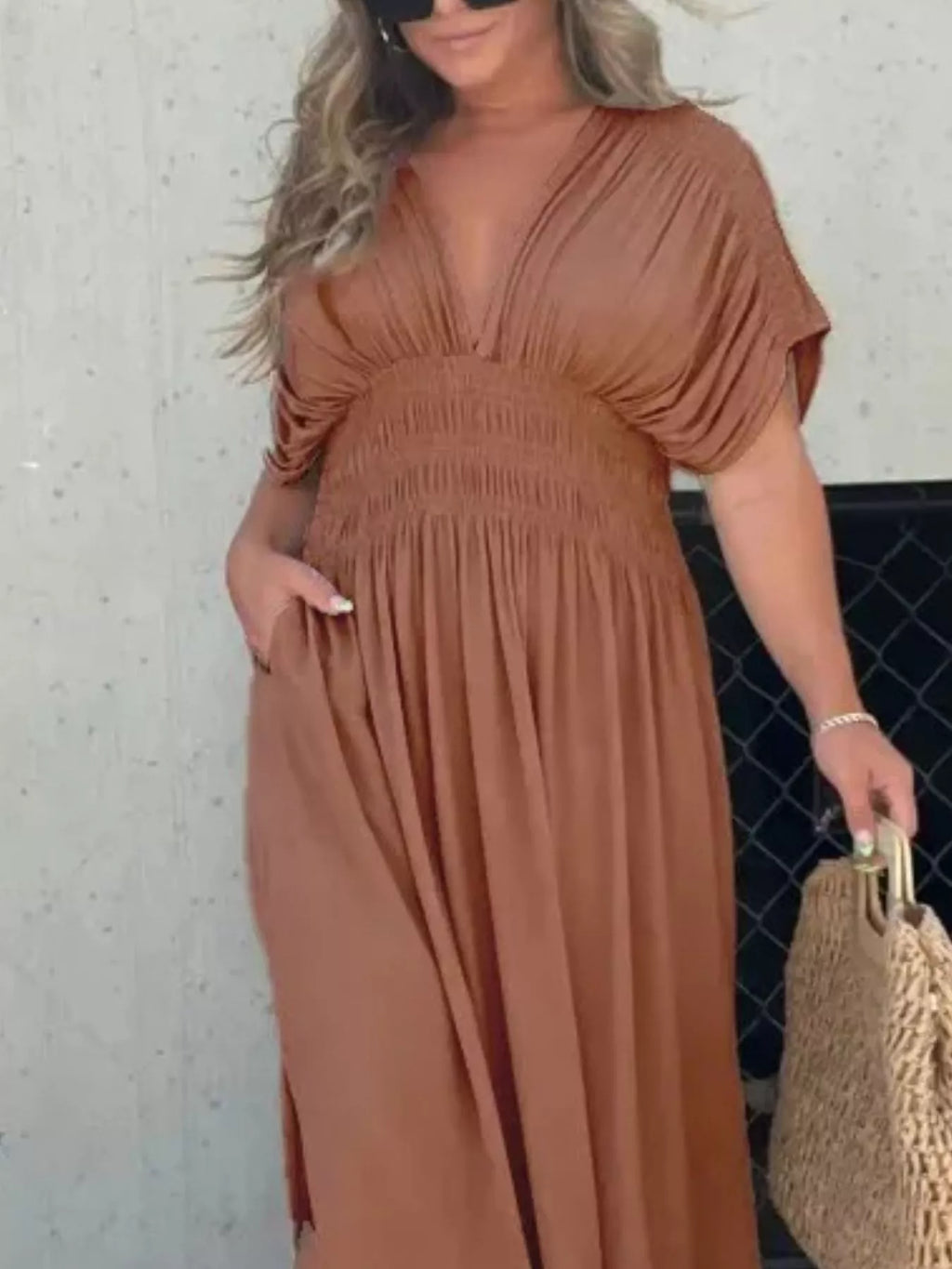 Plus size maxi dress with slit V-neck, smocked waist, and flowy design by Trendsi, perfect for casual or dressy occasions.