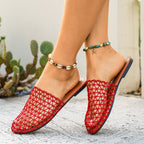 Women's woven net low heel sandals by Trendsi, featuring comfortable PU leather straps and stylish dress shoe design.
