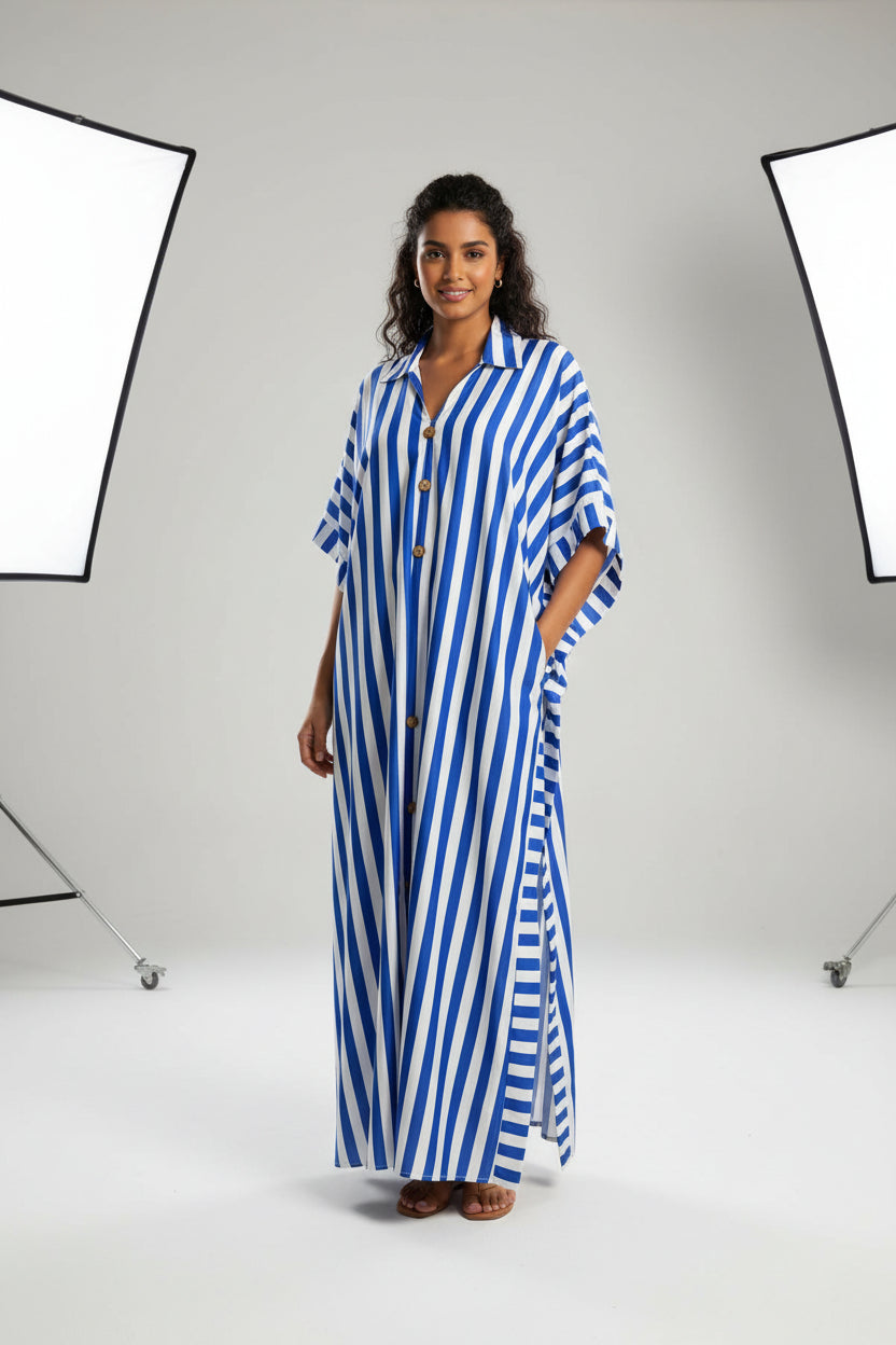 African-inspired striped loose long dress by Plush Fashion Hub, featuring vibrant patterns and a relaxed fit in multiple colors.