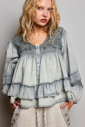 Polished washed layered lace pintuck flared woven blouse by Shopimist, featuring delicate lace details and a flowing silhouette.