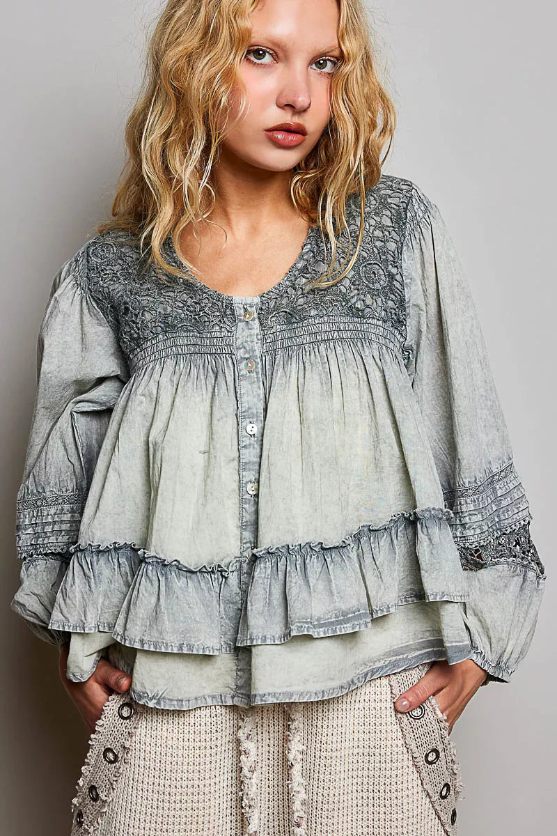 Polished washed layered lace pintuck flared woven blouse by Shopimist, featuring delicate lace details and a flowing silhouette.