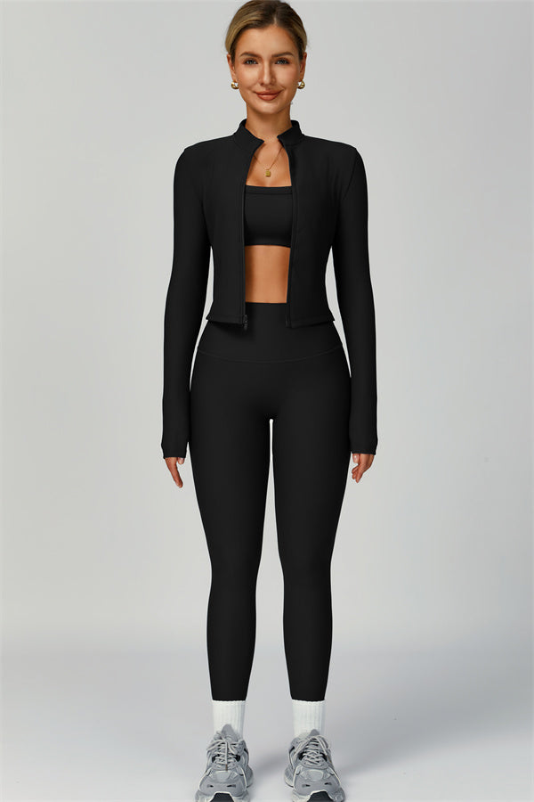 Fitglutes Activewear 3-piece sports bra, jacket, and leggings set for workout and gym activities, in vibrant athletic styles.