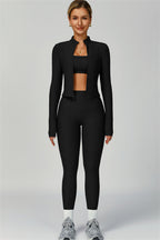 Fitglutes Activewear 3-piece sports bra, jacket, and leggings set for workout and gym activities, in vibrant athletic styles.