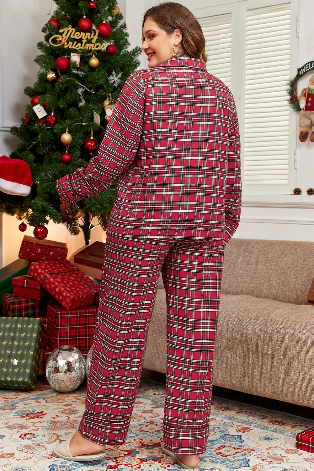 Plus size plaid lounge set with collared neck top and matching pants, stylish and comfortable for relaxed wear by Shopimist