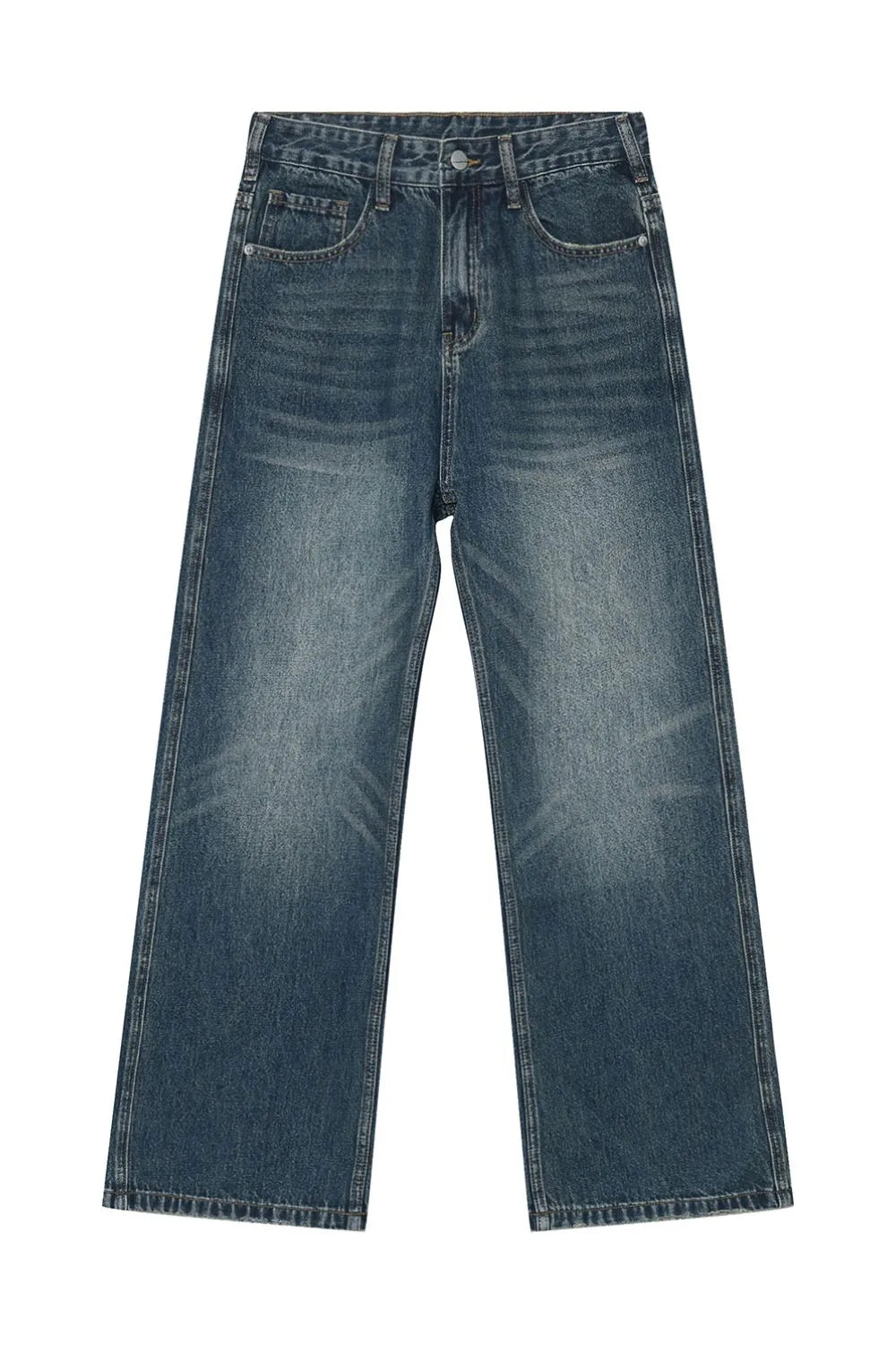 Plush Fashion Shop denim bootcut jeans with front and back pockets, classic five-pocket design, and a relaxed fit.
