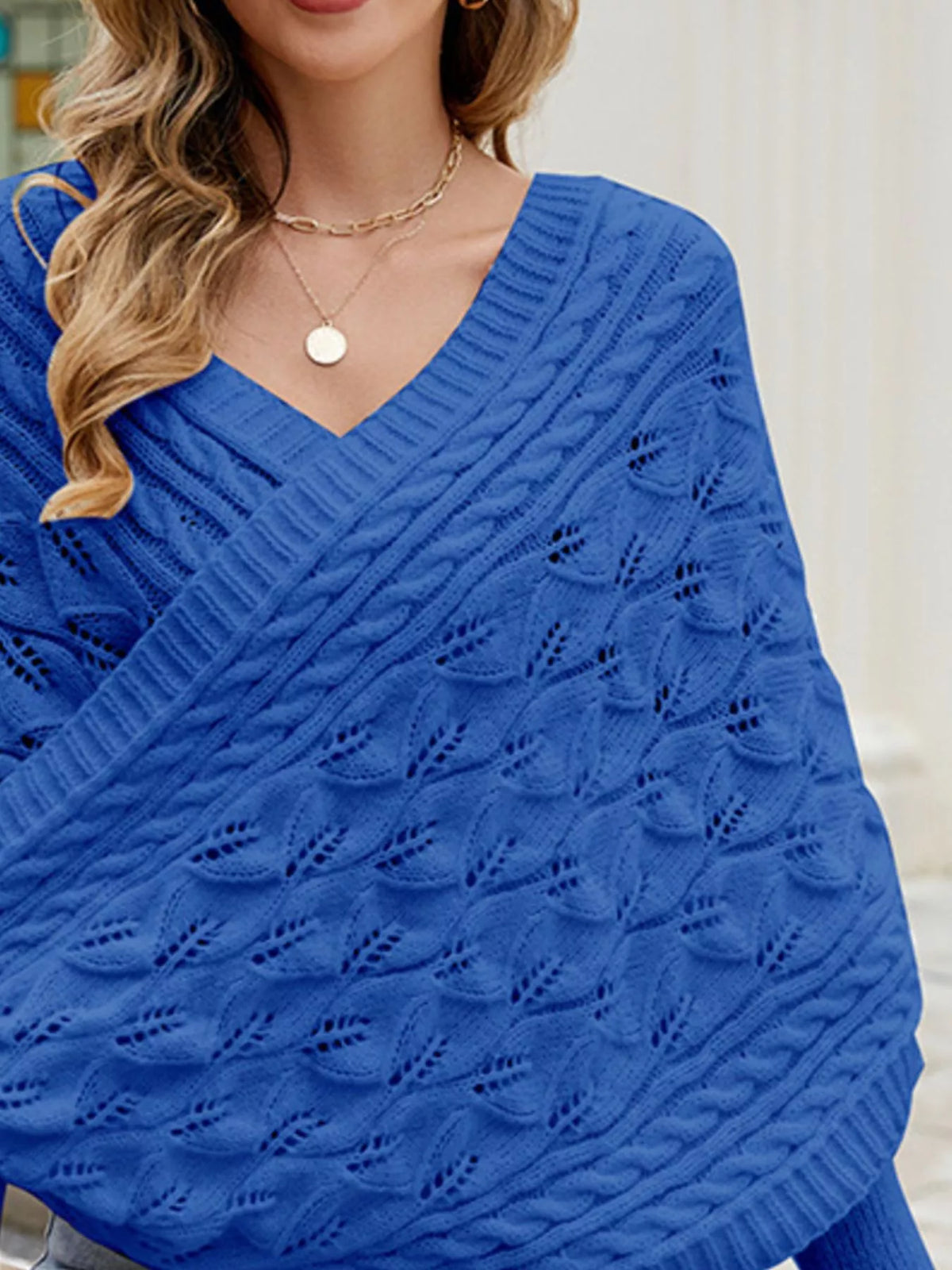 Plush Fashion Hub cable knit batwing sleeve sweater shirt in cozy, textured knit with relaxed fit and wide sleeves.