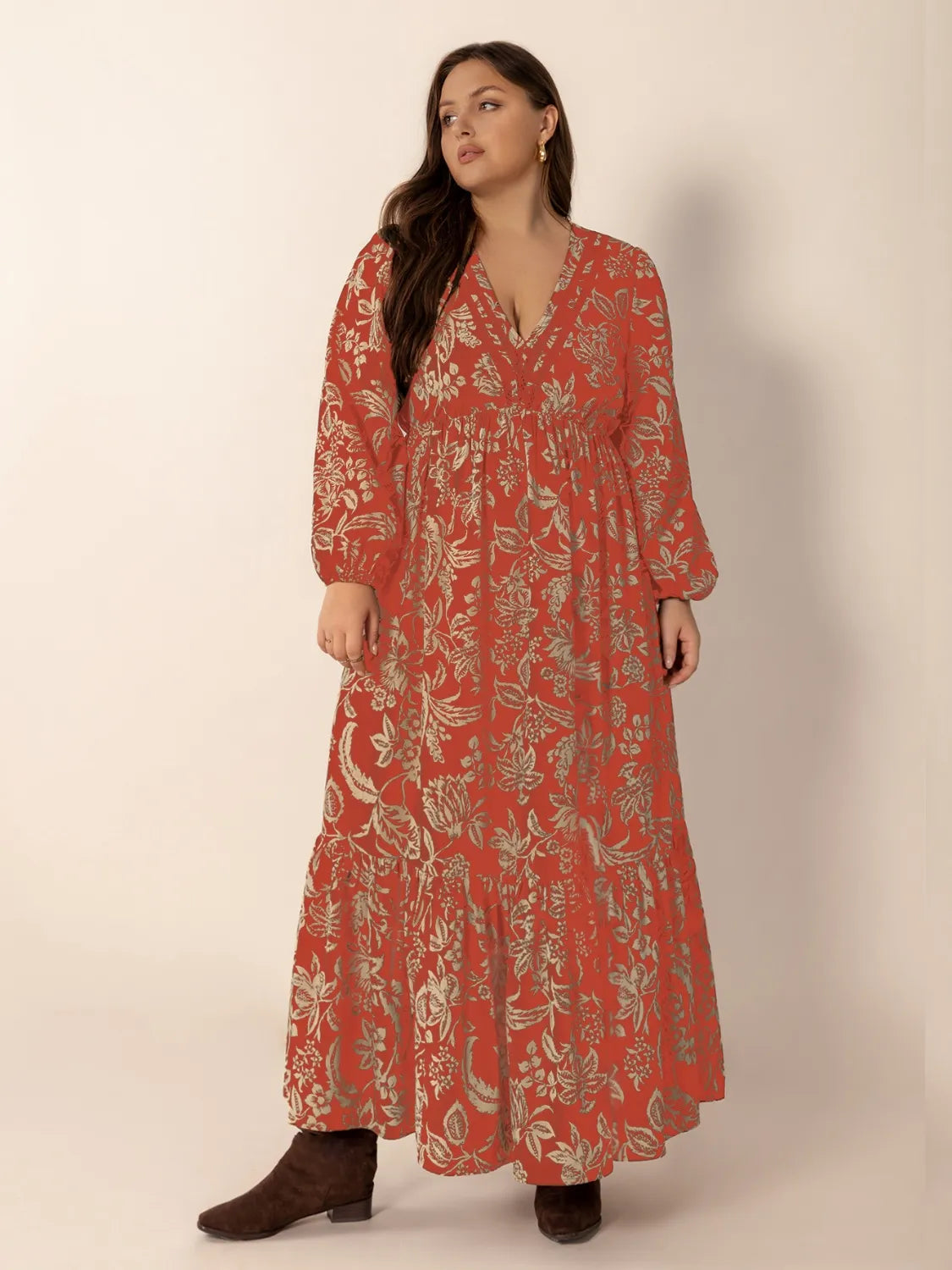 Plus size lace detail printed balloon sleeve midi dress by Shopimist, featuring floral print, balloon sleeves, and a flattering midi length.