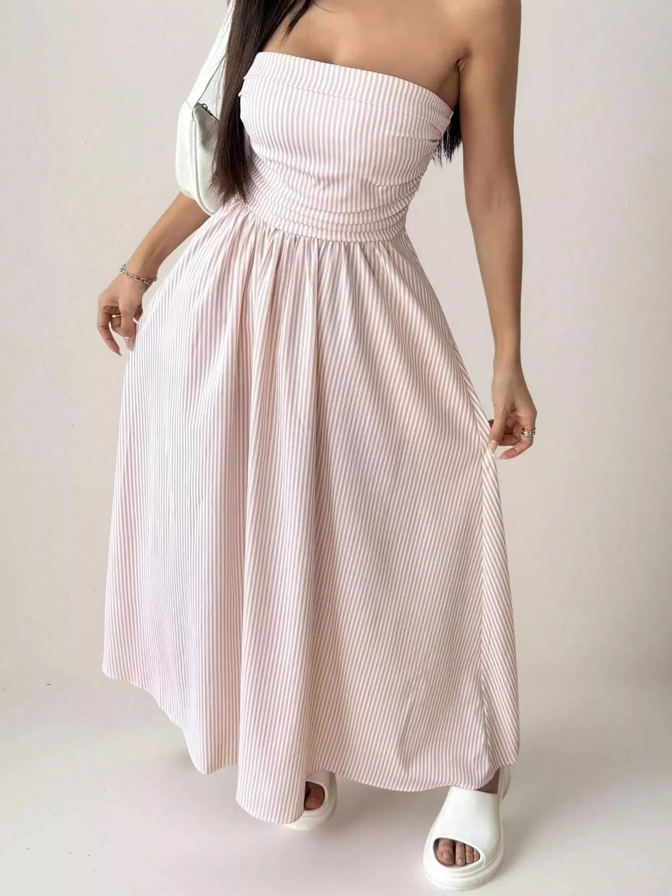 Striped strapless casual maxi dress by Simply Love featuring a flowing silhouette and bold horizontal stripe pattern.