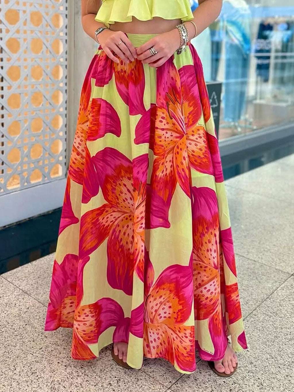 Women's floral print boho maxi skirt with pockets, lightweight flowy design, perfect for casual and summer wear.