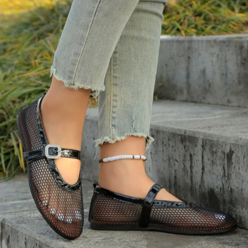 Women's breathable mesh flat sandals with round toes, summer shoes from Trendsi, featuring open-toe design and comfortable flat sole.