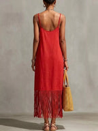 Plus size fringe v-neck spaghetti strap dress by Shopimist, featuring a full-length design with flowing fringe details.