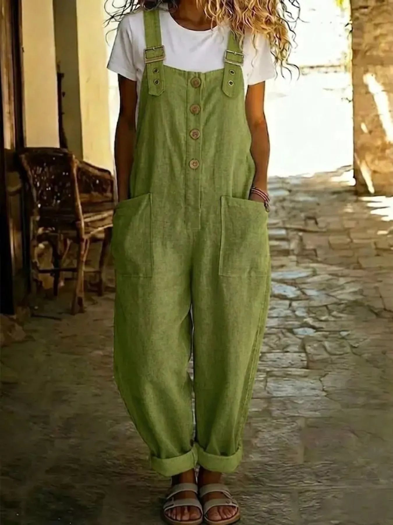 Casual button-front wide-leg overalls from Shopimist, featuring adjustable straps and spacious pockets, in a relaxed denim style.
