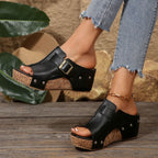 Women's chic open toe wedge sandals by Trendsi featuring comfortable PU leather and high heel design.