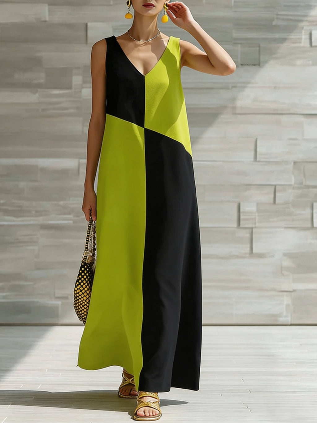 Women's color block sleeveless maxi dress by Trendsi, lightweight summer dress with vibrant color blocking and flowing silhouette.