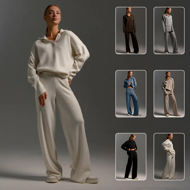 Women’s fall winter casual two-piece set by FitiqueFit featuring a loose collar sweater and matching pants.