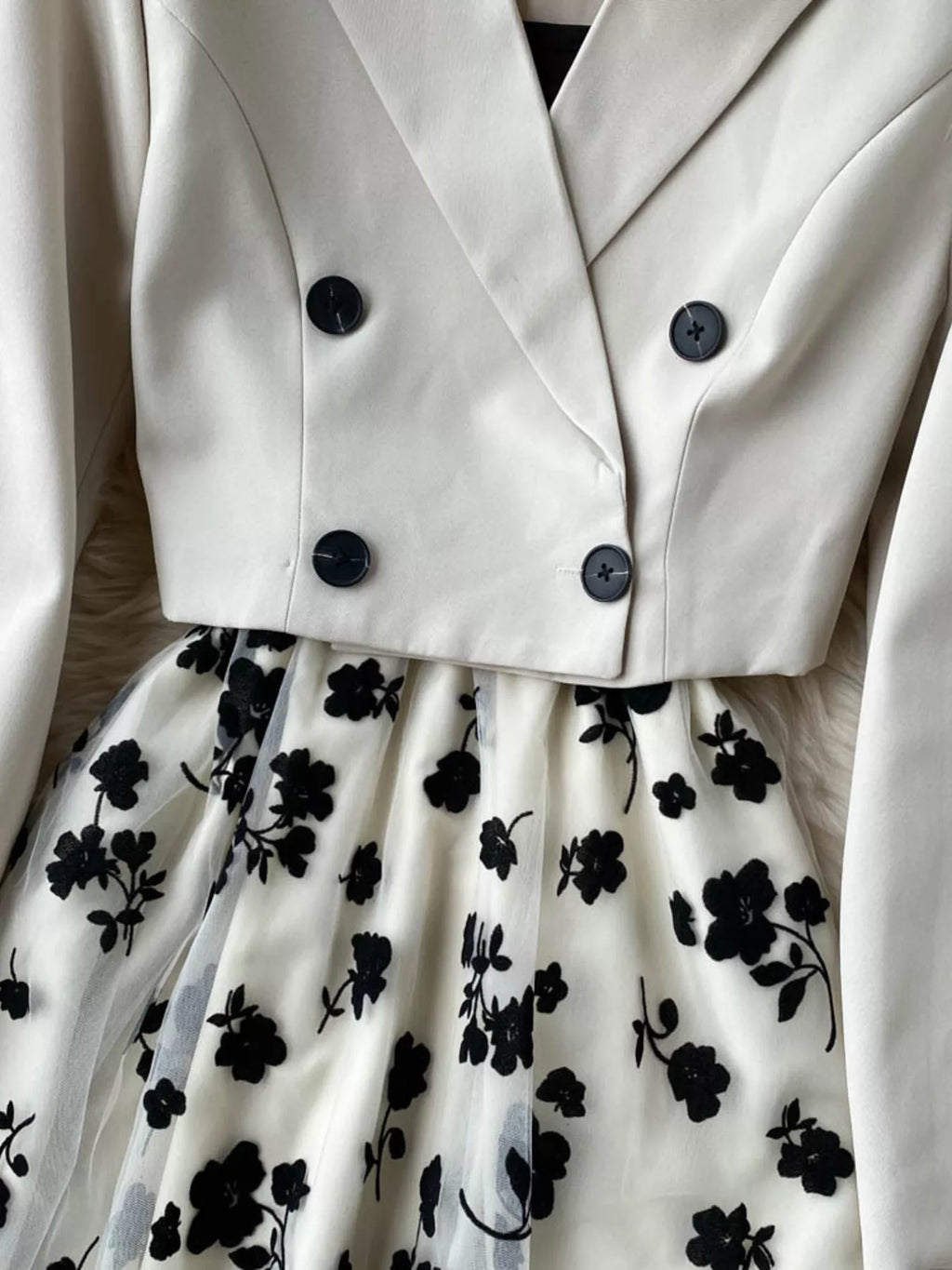 Elegant floral mesh two-piece dress and blazer set by Trendsi, featuring a stylish dress with floral details and matching blazer.