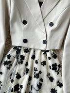 Elegant floral mesh two-piece dress and blazer set by Trendsi, featuring a stylish dress with floral details and matching blazer.