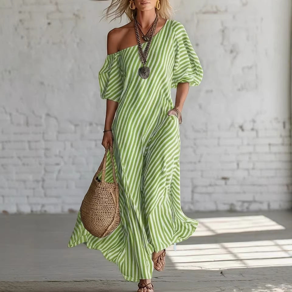 Women’s striped off-shoulder dress from LadyShow.Store featuring bold horizontal stripes and a relaxed, stylish fit.