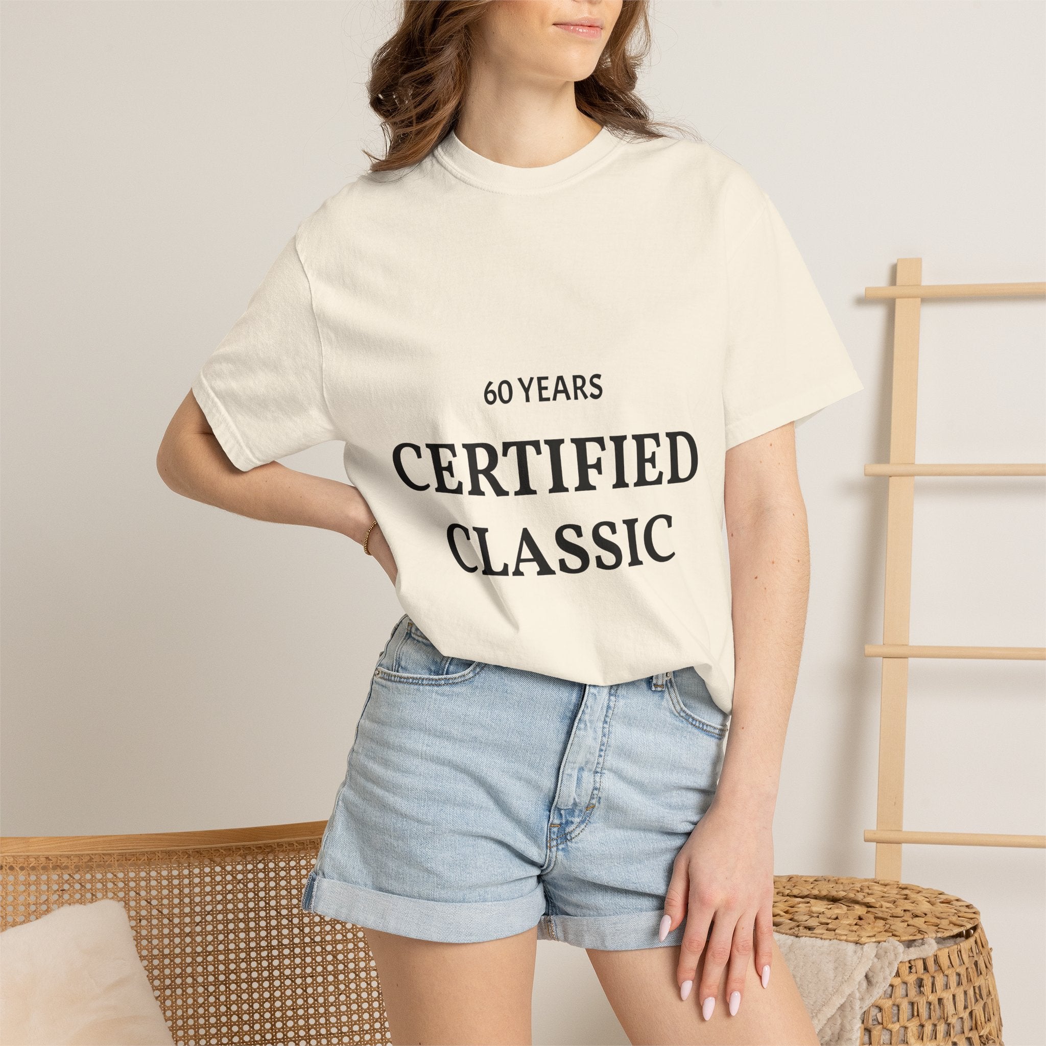White Certified Classic 60 Years T-Shirt by Printify with vintage-inspired design on front, casual fit, and soft cotton fabric.
